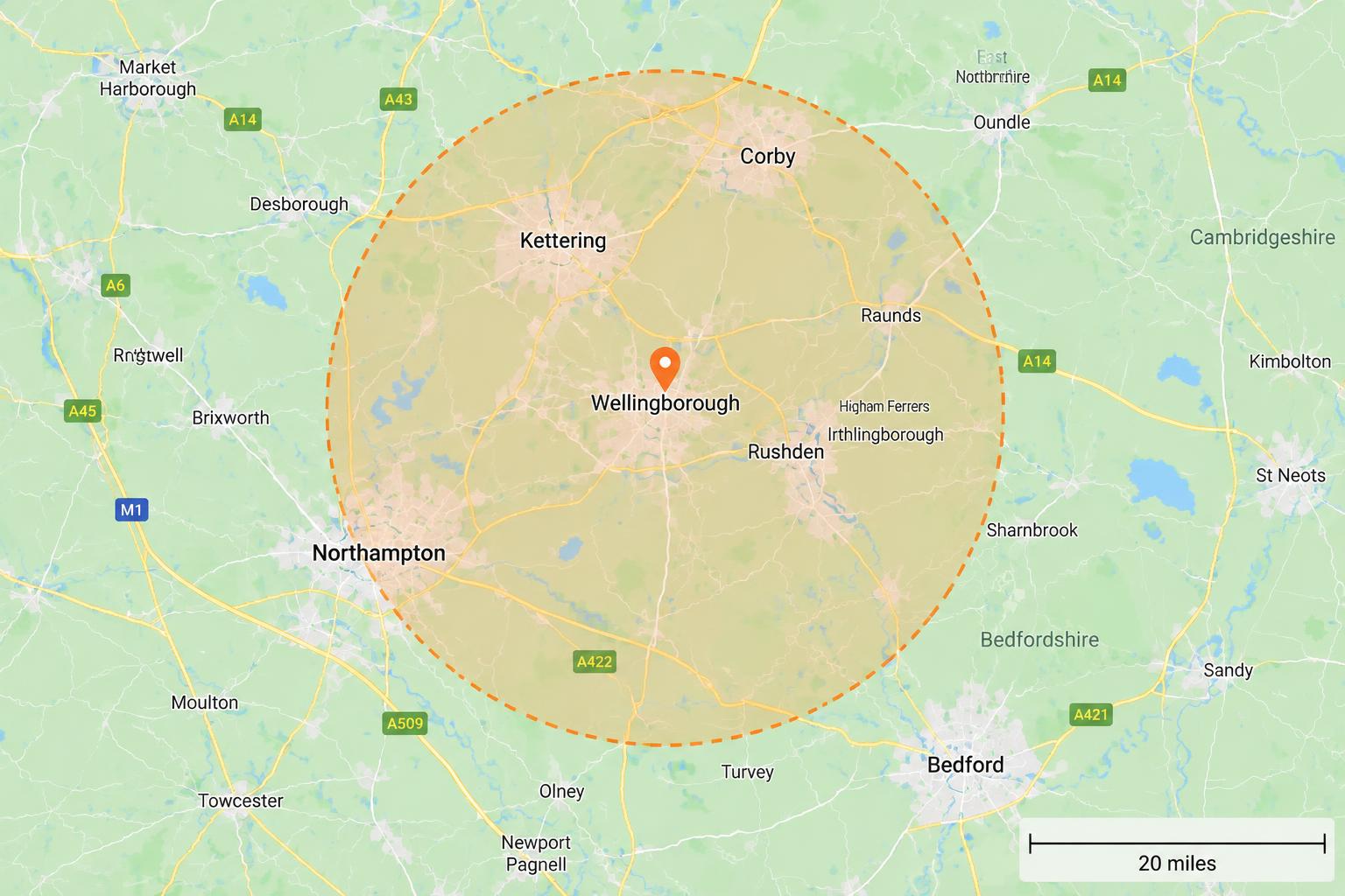 Map showing MotorMate's 20-mile service area around Wellingborough